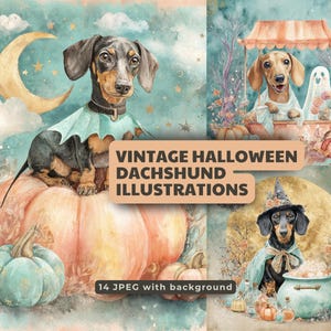 Vintage Halloween Dackel Illustrationen - 14 JPEG | Maskerade Wursthund Kunst | Druckbare Herbst, Party Dekor, Kinderzimmer, Wandkunst