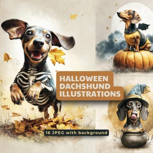 Halloween-Dackel Illustrationen - 16 JPEG | Niedliche Herbst Wurst Hund Kunst | Druckbare Herbst & Gruselige Dekoration, Kinderzimmer, Party, Wandkunst