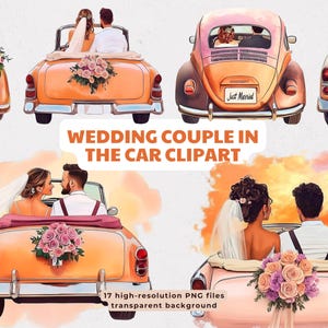車に乗った結婚式のカップルのクリップアート、豊かな夕焼けの色合い、ロマンチックな招待状用の 17 種類の PNG、新郎新婦のアートワーク