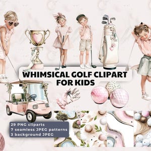Whimsical Golf Clipart for Kids – 29 PNGs + 7 Seamless Patterns + 3 Backgrounds | Soft Watercolor Pastels, Coquette Mini Golf Fun