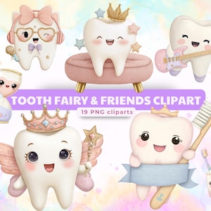 Clipart de Hada de los Dientes y sus Amigos – 19 PNG / Lindos Dientes, Cepillos y Coronas Kawaii / Gráficos Dentales Pastel con Fondos Transparentes para Manualidades