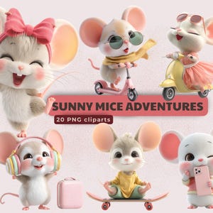Sunny Mice Adventures – 20 images d'été | De jolies images PNG de souris sur des trottinettes, avec des écouteurs, des bulles et des fraises pour des projets amusants