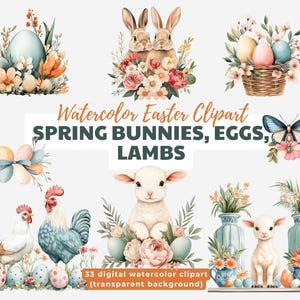 Aquarell Ostern Clipart - 33 PNGs - Frühlingshasen, Eier, Lämmer und florale Elemente - Niedliche digitale Kunst für DIY Bastelkarten und Sublimationskarten