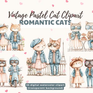 Clipart de gatitos para el día de San Valentín: gatos románticos con diseños extravagantes para proyectos de bricolaje y álbumes de recortes, diseños vintage, PNG