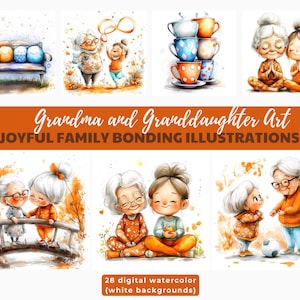 Arte de abuela y nieta: ilustraciones alegres de unión familiar: conjunto de gráficos en acuarela pastel para tarjetas y álbumes de recortes
