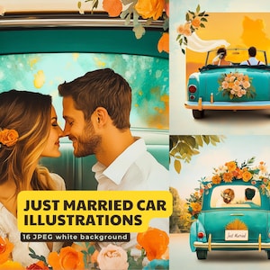 新婚の車のイラスト – ロマンチックな結婚式のカップルの JPEG 画像 16 枚 | ヴィンテージ ティール カー、花のディテール、夕焼けの美学 | 3600px