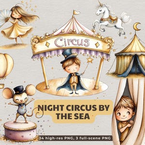 Night Circus by the Sea – Dreamy Watercolor Carnival for Kids, Pastel Circus Clipart, Baby Shower, Birthday Party Decorations, Cute Animal