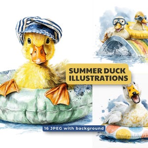 Illustrations de canards d'été – 16 JPEG | Canetons aquarelles dans des flotteurs, bateaux et limonade, art imprimable pour chambre de bébé, fête et chambre d'enfants