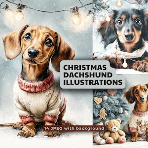 Weihnachtsdackel Illustrationen - 14 JPEG | Niedliche Ferien Wursthund Kunst | Printable festliche Wand Dekor, Kinderzimmer & Geschenkanhänger