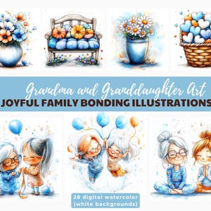 Ilustraciones familiares en acuarela extravagantes: momentos emotivos de abuela y nieto: gráficos en tonos azules para tarjetas y álbumes de recortes hechos a mano