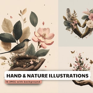 Minimalistische botanische Frau Illustration digital, erdige Blumenhände Kunstdrucke, Natur Symbolik, spirituelle Dekoration für Wellness-Studios