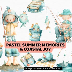 Clipart di un piccolo pescatore con acquerello morbido – 45 PNG di spiaggia per bambini + 4 sfondi panoramici / Ricordi estivi pastello e gioia costiera