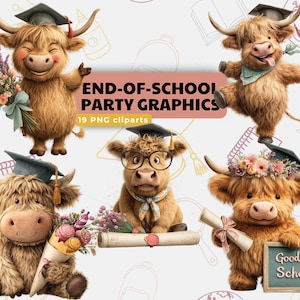 Graziosa mucca delle Highlands per la laurea - 19 clipart PNG / Palloncini pastello, diplomi, fiori e libri / Senza sfondo / Grafica per la festa di fine scuola
