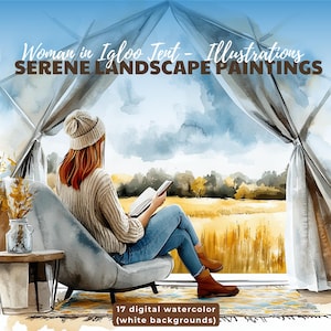 Aquarel tentweergave kunst - 17 ontspannende natuurillustraties - vrouw in iglotent - serene landschapsschilderijen - afdrukbaar wanddecor