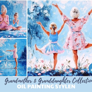 Kunst oma en kleindochter – grillige familieillustraties voor doe-het-zelfprojecten, oprechte momenten, levendige kleuren, olieverfschilderij digitaal