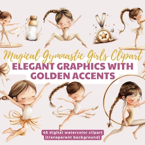 Clipart di ragazze ginnaste magiche ad acquerello – 45 eleganti grafiche con accenti dorati – Atleti stravaganti con nastri e fiori
