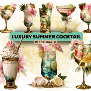 Clipart cocktail d'été de luxe – 20 PNG | Fond transparent | Des boissons florales, glacées et fruitées dans des verres dorés pour des designs estivaux élégants