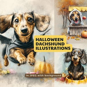 Grazioso set di acquerelli di Halloween / Illustrazioni di bassotti, Arte stampabile / Costumi spettrali, Foglie autunnali, Decorazioni per cuccioli, Stampa lunare con cane 14 JPEG