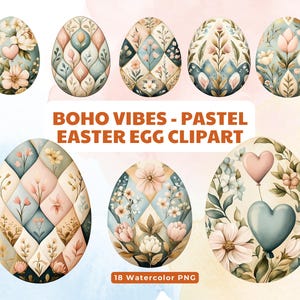Clipart oeuf de Pâques pastel, 18 PNG, aquarelle florale romantique, ambiance bohème, parfait pour les travaux manuels et les invitations