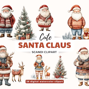 Clipart di Babbo Natale carino - Png di Natale ad acquerello - Arte digitale per le vacanze nordiche / Grafica per le vacanze scandinave accoglienti