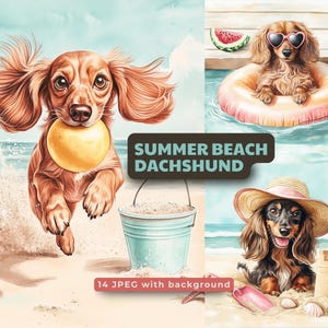 Sommer Strand Dackel Illustrationen - 14 JPEG | Niedliche Aquarell Wursthunde in Urlaubsszenen | Druckbare Art von Welpe mit Hintergründen