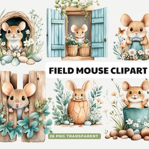 Set di clipart di topi di campagna, 26 topi acquerellati e accoglienti, perfetti per lavoretti e inviti, bundle PNG ispirato alla natura