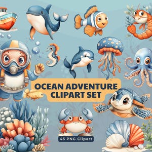 Ensemble de cliparts Ocean Adventure – 45 éléments marins fantaisistes pour les enfants | PNG sous-marins mignons, parfaits pour les projets de bricolage et la décoration de fête