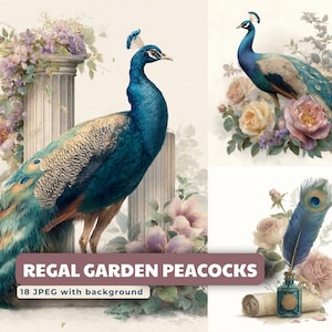 Paons du jardin royal – 18 JPEG | Élégants paons, plumes, clés et fleurs en bleu, or et rose poudré | Art vintage imprimable pour cartes