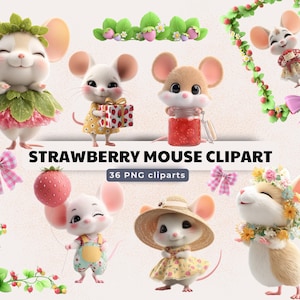 Clipart souris fraise – 36 images PNG avec de jolies souris et des baies, du cottagecore, de la coquette, des graphiques pour enfants, un album de scrapbooking et une décoration de fête