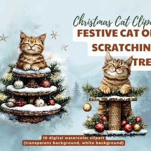 Cliparts de chat de Noël - chats festifs sur des arbres à gratter - aquarelle numérique graphiques PNG