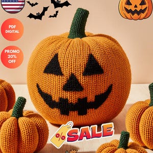May include: An orange knitted pumpkin with a carved face, green stem, and several smaller pumpkins. The image includes the text "HALLOWEEN KNITTED PUMPKIN PDF" and a "SALE" tag. Bats are also featured in the image.