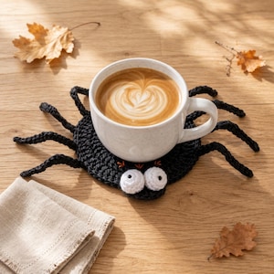 May include: A white ceramic mug filled with latte art sits on a black crocheted spider coaster. The coaster features a round body with eight extended legs and two large white crocheted eyes with black pupils positioned at the front edge.