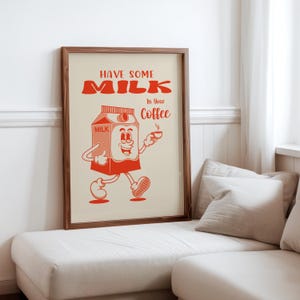 Retro Mascot Poster Cute Vintage Style Wall Art Milk Carton Print Classic Milk Advert Decor Retro Dairy Farm Kitchen Gift Foodie Home Decor