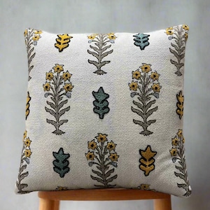 20x20in Floral Embroidered Cushion Cover – Yellow and Green Botanical Throw Pillow for Cottage, Boho Inspired Home Decor [Cover Only]