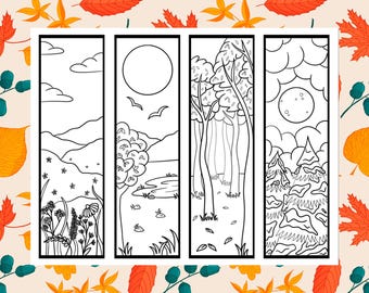 Könnte beinhalten: Vier Schwarzweißillustrationen, die verschiedene Jahreszeiten darstellen. Die erste zeigt eine Landschaft mit einem See und einem Baum. Die zweite zeigt einen Wald mit Bäumen und einem Weg. Die dritte zeigt eine verschneite Landschaft mit Kiefern. Die vierte zeigt eine Landschaft mit einem Fluss und einem Baum.