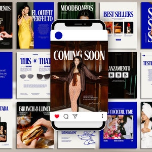 Puede incluir: Un collage de nueve publicaciones de Instagram que presentan una variedad de contenido de estilo de vida y moda. La publicación central presenta a una mujer con una chaqueta y pantalones marrones de pie frente a una pared de madera con el texto "COMING SOON". Otras publicaciones incluyen imágenes de gafas de sol, una hamburguesa, un cóctel y una mujer con una bata blanca.
