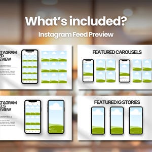 May include: A graphic showcasing Instagram feed previews, including feed, carousel, and story layouts. The image displays mockups of phone screens with green and blue landscape graphics. Text includes "What's included?" and "Instagram Feed Preview."