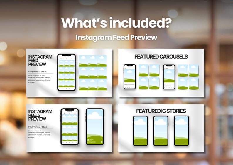 May include: A graphic showcasing Instagram feed previews, including feed, carousel, and story layouts. The image displays mockups of phone screens with green and blue landscape graphics. Text includes "What's included?" and "Instagram Feed Preview."
