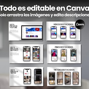 May include: A screenshot of a Canva design template showing how to create social media previews for YouTube, Pinterest, TikTok, and Instagram. The template includes a title that says "&iexcl;Todo es editable en Canva!" and "Solo arrastra las im&aacute;genes y edita descripciones."