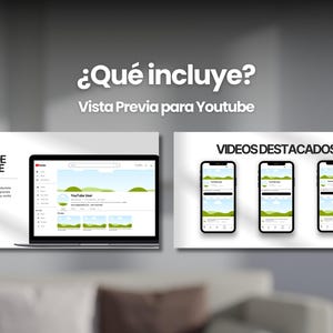 May include: A mockup of a YouTube channel page on a laptop screen, with a title that says "Vista Previa de Youtube" and a section for featured videos. The text "&iquest;Qu&eacute; incluye?" is displayed above the laptop screen, and the text "Videos Destacados" is displayed above the featured videos.