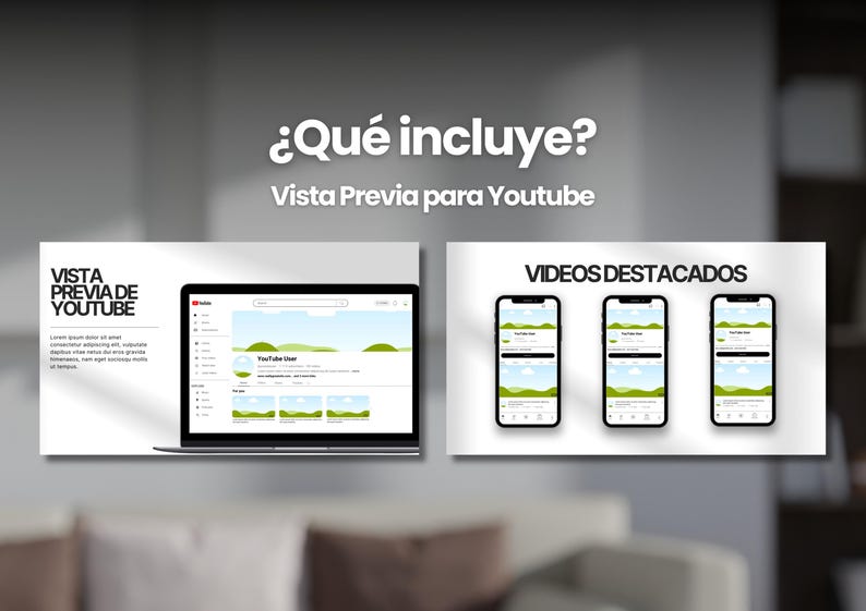 May include: A mockup of a YouTube channel page on a laptop screen, with a title that says "Vista Previa de Youtube" and a section for featured videos. The text "&iquest;Qu&eacute; incluye?" is displayed above the laptop screen, and the text "Videos Destacados" is displayed above the featured videos.
