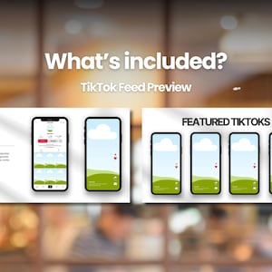 May include: A promotional image with the text "What's included? TikTok Feed Preview." The image shows mockups of smartphones displaying TikTok feeds. One mockup shows a profile page, and the others display landscape images with a cloud and heart icon.