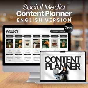 Puede incluir: Un ordenador de sobremesa y un portátil muestran un planificador de contenidos para redes sociales. La pantalla del ordenador de sobremesa muestra un calendario semanal con imágenes de comida y bebida. El portátil muestra "CONTENT PLANNER".