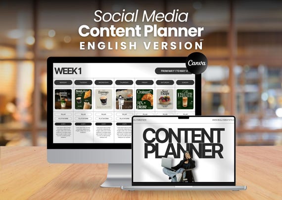 Social Media Content Planner 2025 English Version | Canva Editable Template | Monthly & Weekly Content Calendar with Mockups