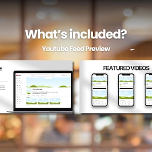 May include: A digital display showing a YouTube feed preview on a laptop and three smartphones. The laptop displays a YouTube channel interface with a green and white color scheme. The smartphones show featured videos.