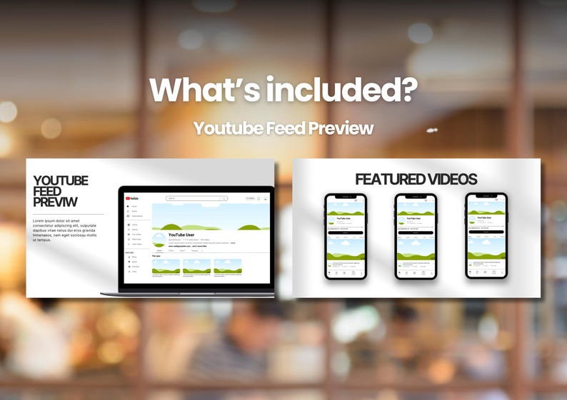 May include: A digital display showing a YouTube feed preview on a laptop and three smartphones. The laptop displays a YouTube channel interface with a green and white color scheme. The smartphones show featured videos.