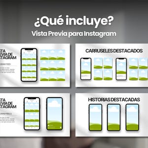 May include: A graphic showing what is included in a social media template package. The graphic shows a phone screen with a grid of images, a phone screen with a single image, and a phone screen with three images. The text on the graphic says "&iquest;Qu&eacute; incluye?" and "Vista Previa para Instagram" in Spanish. The graphic also includes the text "CARRUSELES DESTACADOS" and "HISTORIAS DESTACADAS" in Spanish.