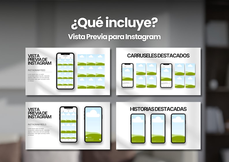 May include: A graphic showing what is included in a social media template package. The graphic shows a phone screen with a grid of images, a phone screen with a single image, and a phone screen with three images. The text on the graphic says "&iquest;Qu&eacute; incluye?" and "Vista Previa para Instagram" in Spanish. The graphic also includes the text "CARRUSELES DESTACADOS" and "HISTORIAS DESTACADAS" in Spanish.