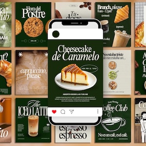 以下が含まれることがあります： 「Matcha Club」、「Hora del Postre」、「Croissant?」、「Cheesecake de Caramelo」など、緑と茶色のカフェをテーマにしたプロモーションポスターのコレクション。 ポスターには食べ物や飲み物の画像が掲載されており、英語とスペイン語でテキストが書かれています。