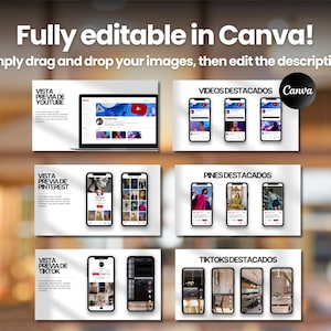 May include: Image showcasing a Canva template with a laptop and smartphones displaying social media mockups. The text reads "Fully editable in Canva!" and highlights YouTube, Pinterest, and TikTok previews. The Canva logo is visible.